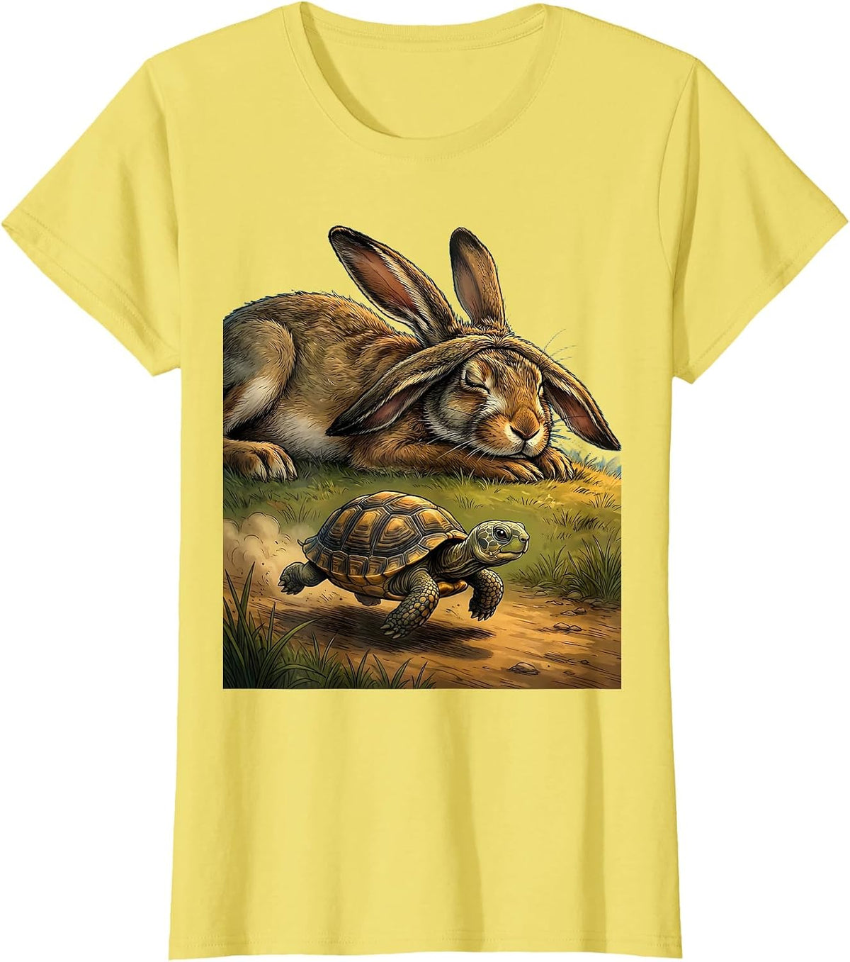 Women's Small Turtle Racing Giant Hare Big Little Design T-Shirt - Lemon Yellow