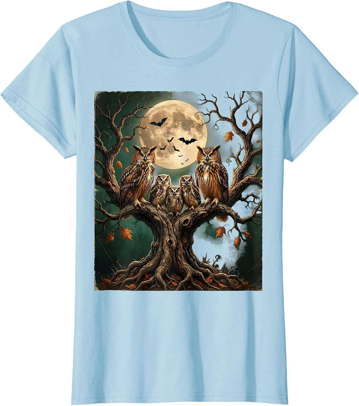 Owl Family Halloween Gnarled Tree Illustration T-Shirt - Baby Blue