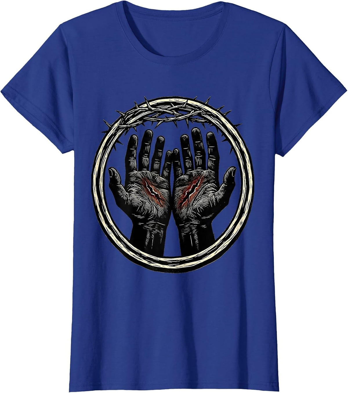 Women's Jesus Nail Scarred Hands Faith Graphic T-Shirt - Royal Blue