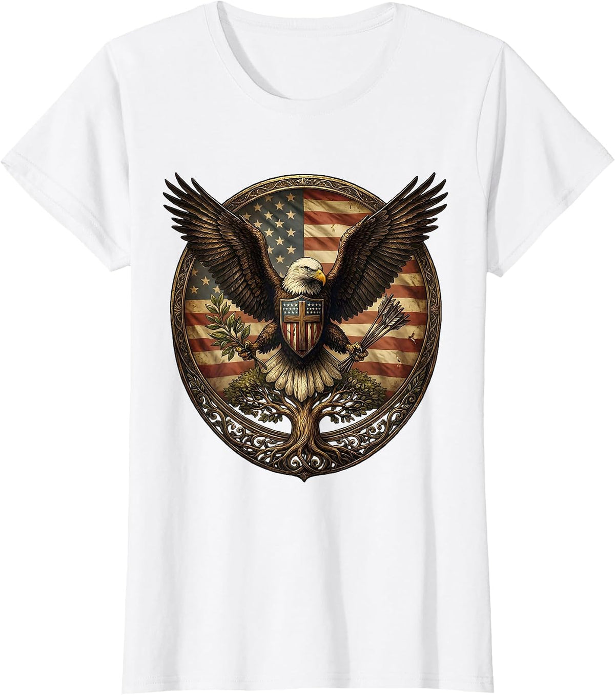 Patriotic Eagle Olive Branch and Arrows Graphic T-Shirt - White