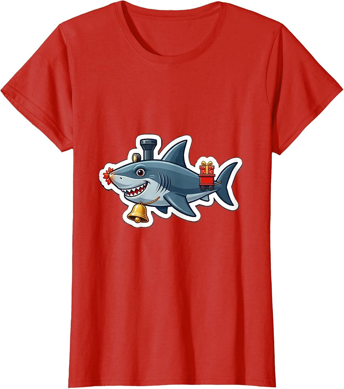 Shark Train Engine Christmas Badge Funny Shark Lover Gift T-Shirt - Red