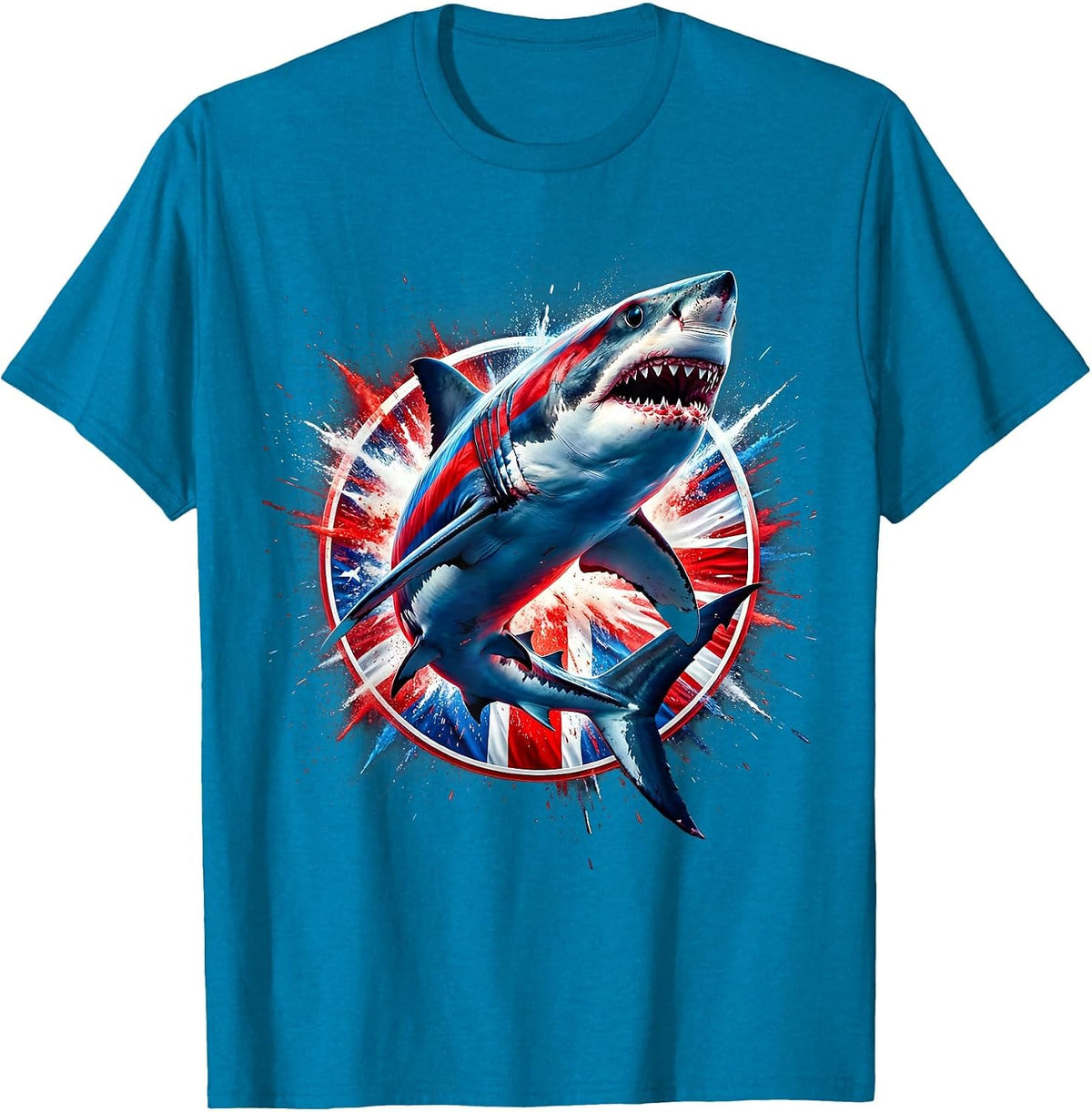 Red White Blue Great White Shark Flag Pattern T-Shirt - Sapphire Blue