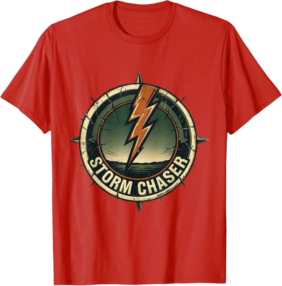 Men's Storm Chaser Vintage Lightning Bolt Graphic Novelty T-Shirt - Red