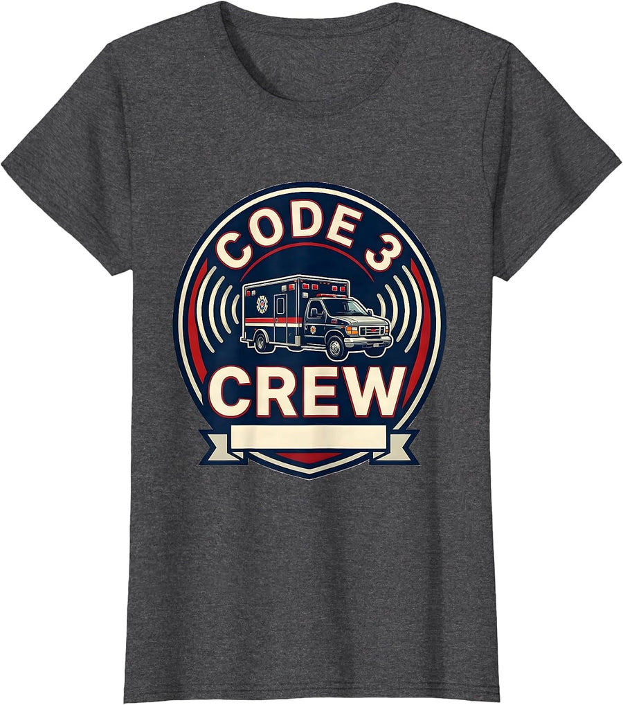 Women's Code 3 Crew EMS Paramedic EMT 911 Dispatcher Humor T-Shirt - Dark Heather Grey