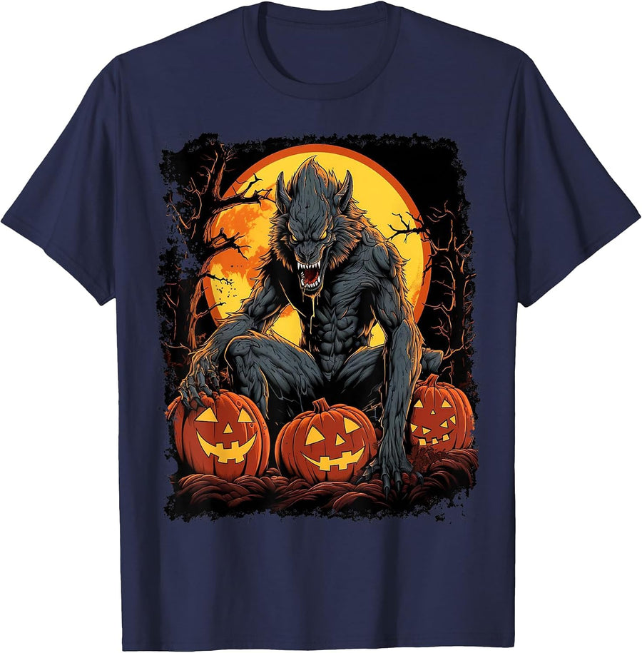 Werewolf Orange Halloween T-Shirt - Navy Blue