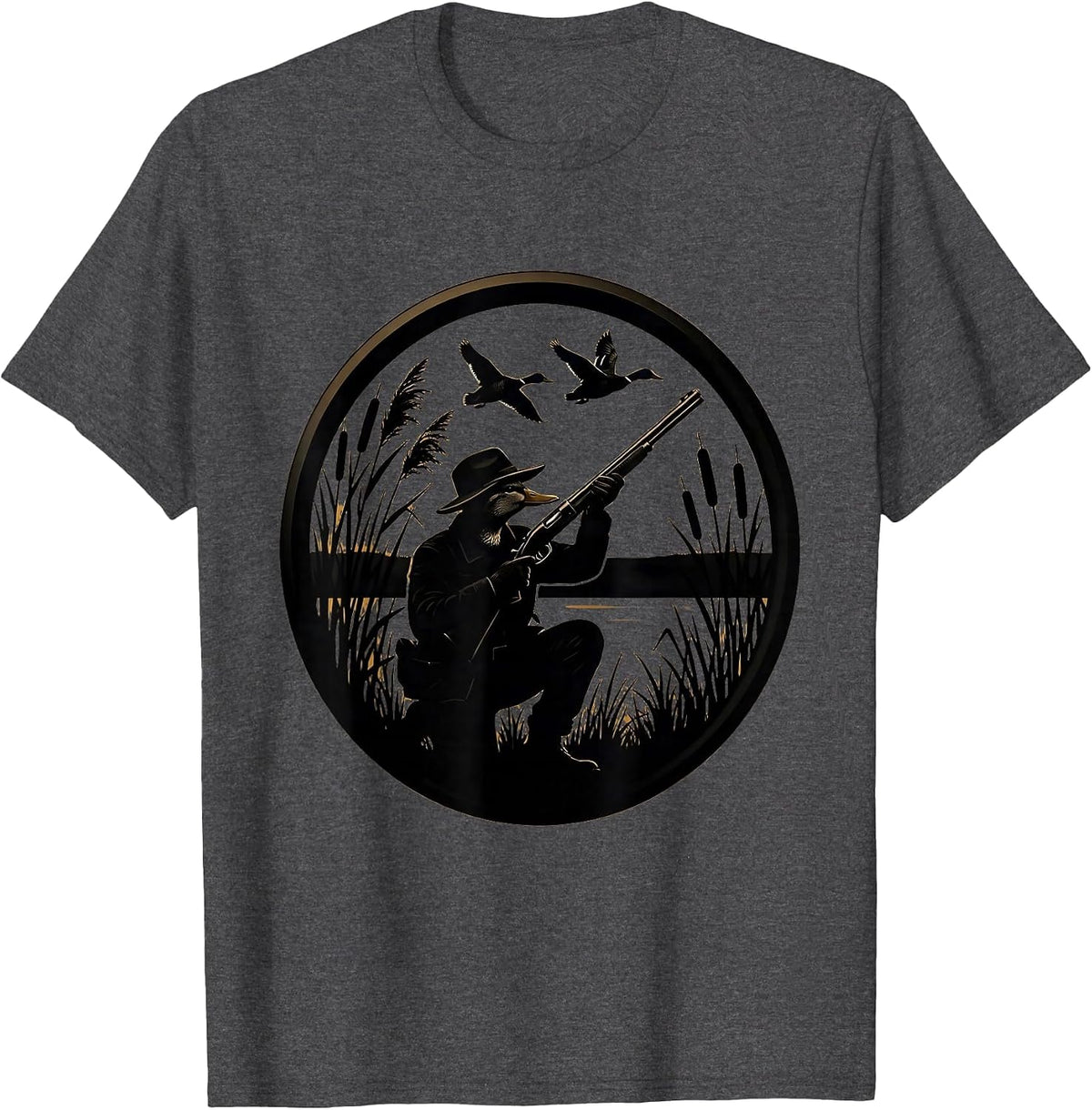 Duck Hunter Silhouette Marsh Reeds Hunting Design T-Shirt - Dark Heather Grey
