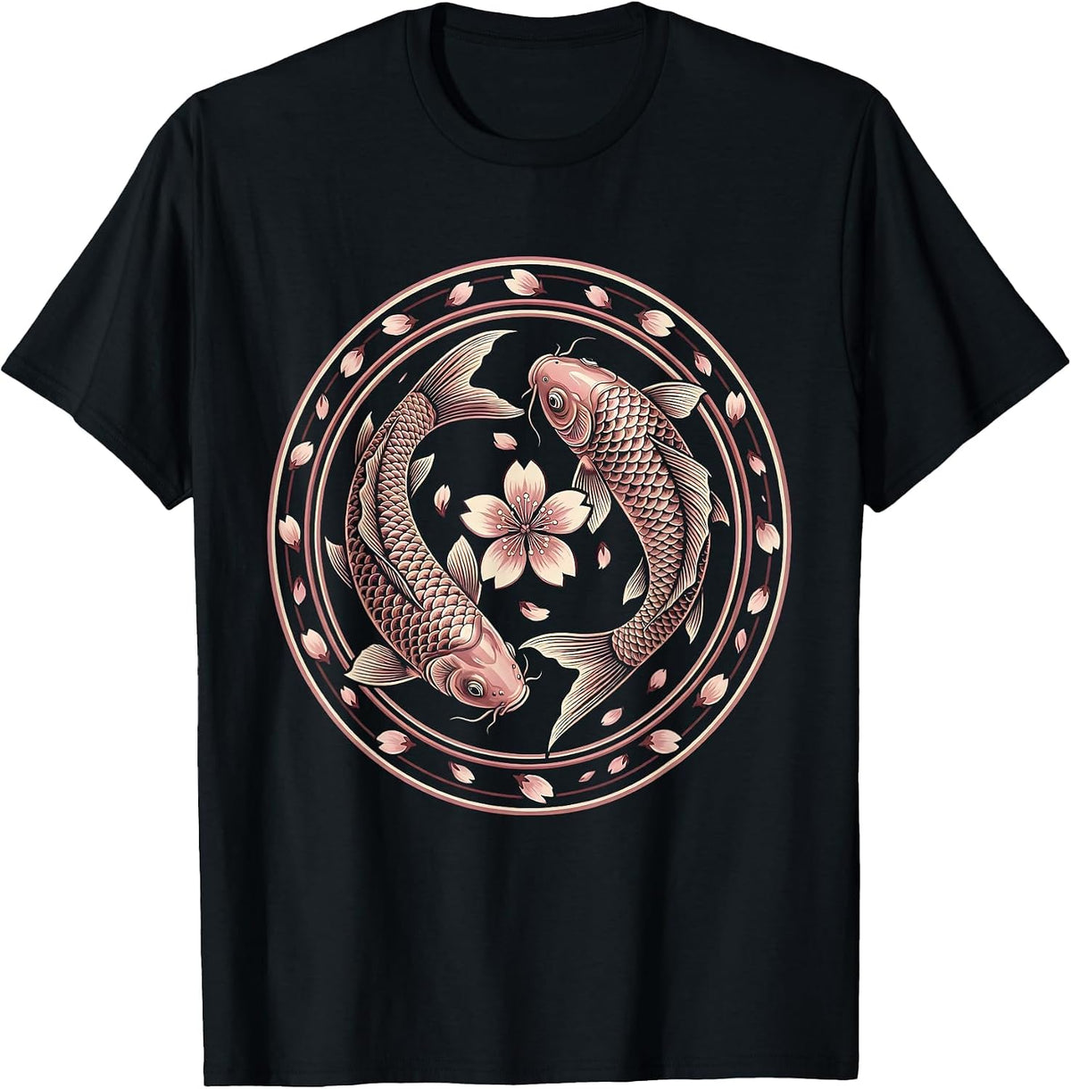 Men's Koi Fish Pink Cherry Blossom Breast Cancer Awareness T-Shirt - Black