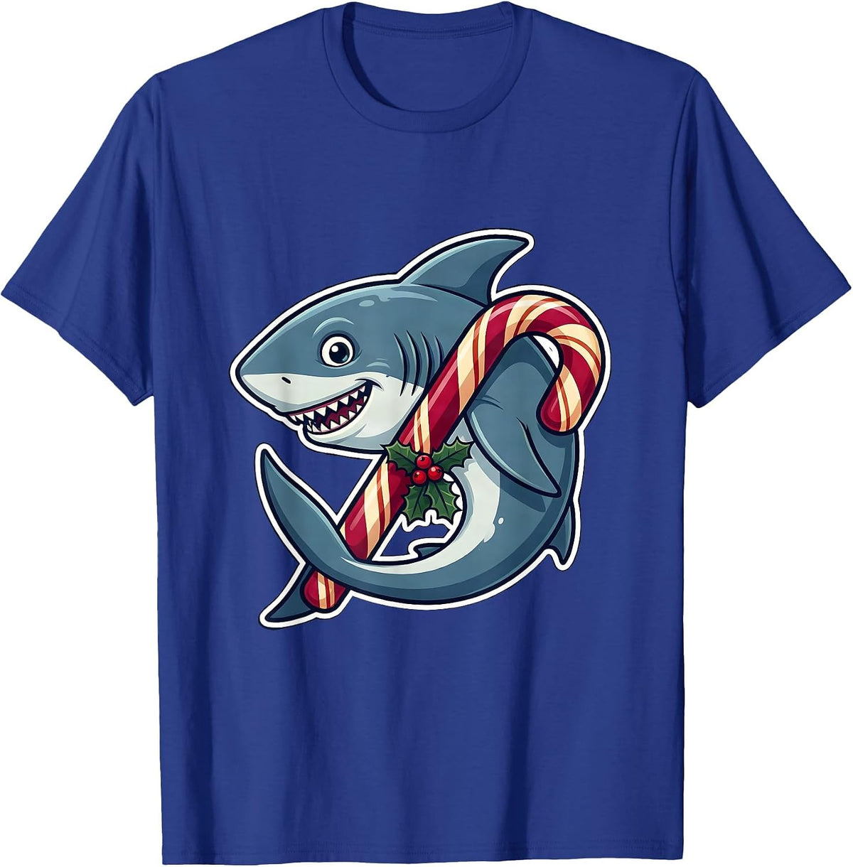 Men's Shark Candy Cane Funny Christmas Pun Novelty T-Shirt - Royal Blue
