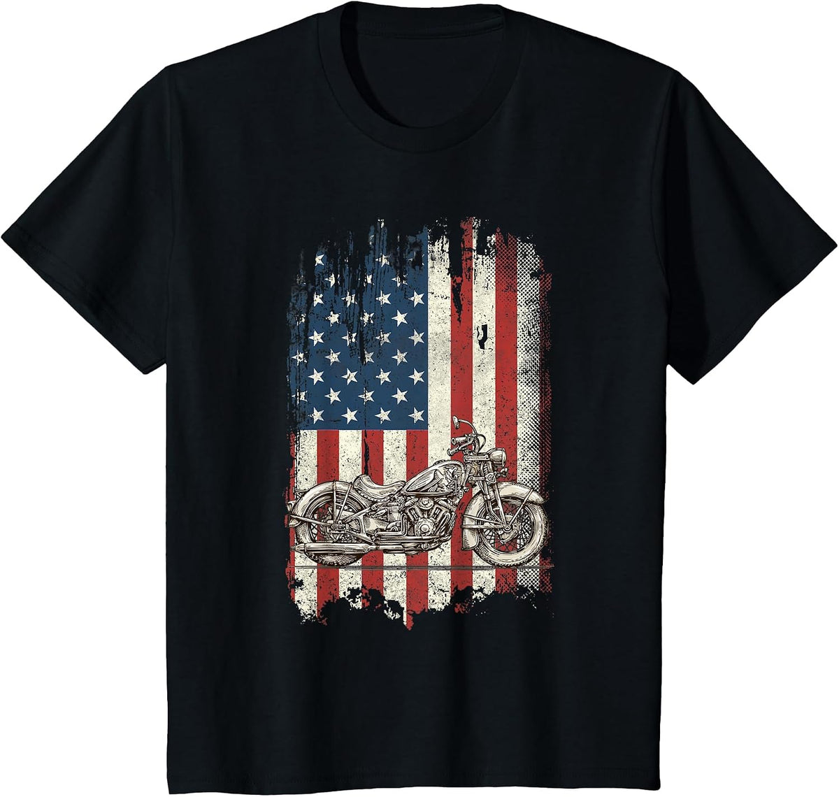 Motorcycle American Flag Distressed Vintage Biker Patriotic T-Shirt - Black