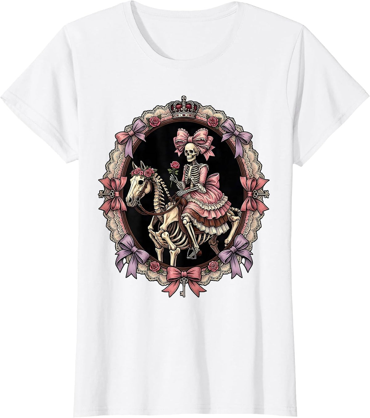 Skeleton Riding Side-Saddle on Horseback T-Shirt - White