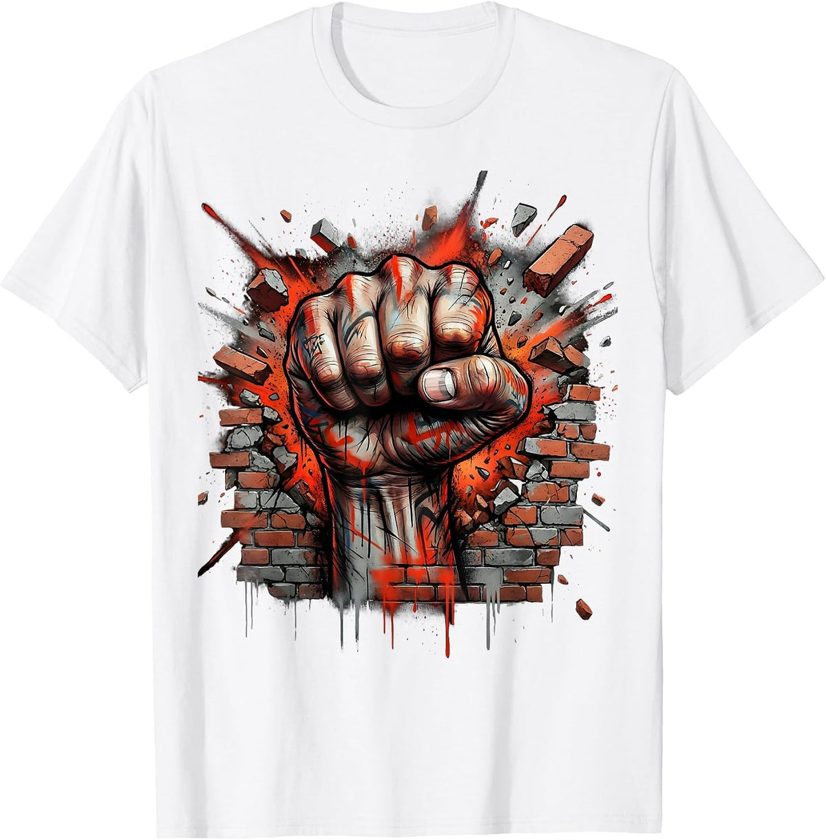 Punk Fist Smashing Through Brick Wall Graphic T-Shirt - White