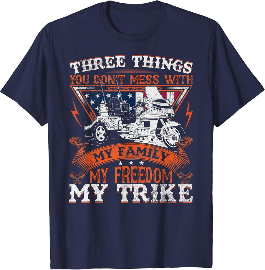 Motorcycle Trike Three Wheels American Flag Biker Rules T-Shirt - Navy Blue
