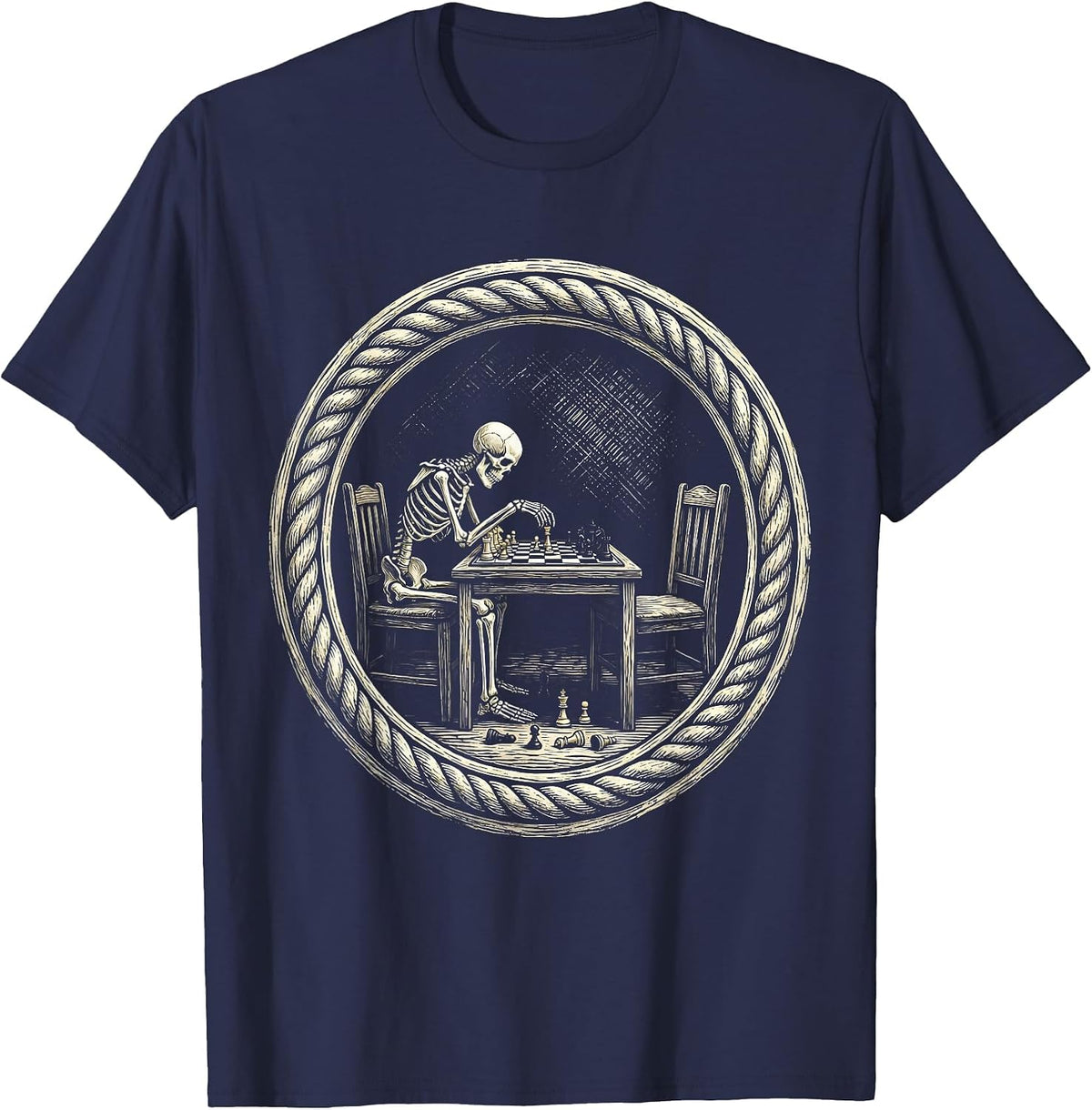 Skeleton Chess Player Waiting Opponent Funny Art T-Shirt - Navy Blue