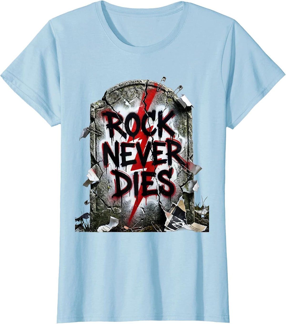 Women's Rock Never Dies Bold Graphic Music Design T-Shirt - Baby Blue