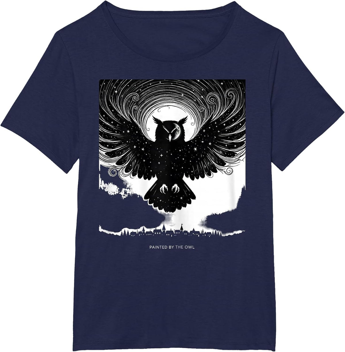 Women's Painted By The Owl Whimsical Van Gogh Cat Lover Silhouette T-Shirt - Navy Blue