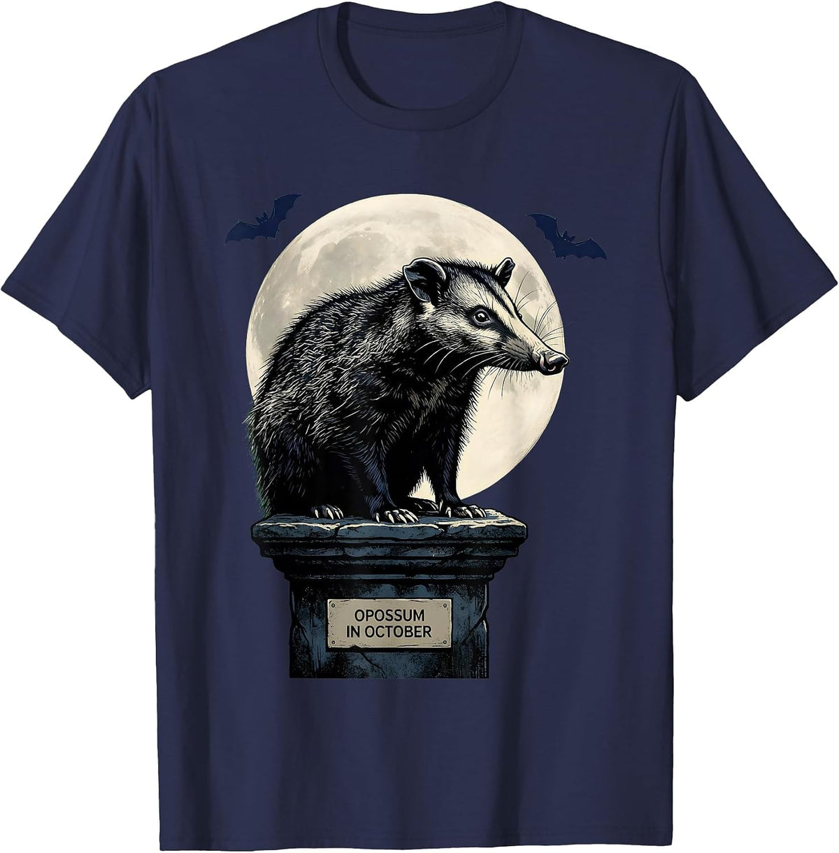 Opossum in October Vintage Gothic Halloween Spooky Moon T-Shirt - Navy Blue