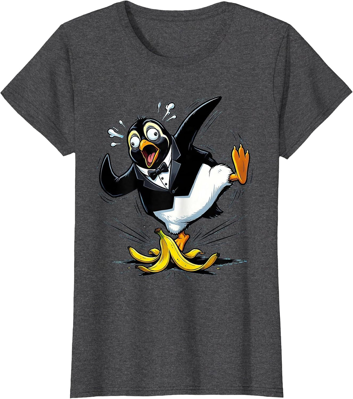 Women's Dramatic Penguin Banana Peel Slip Funny Art T-Shirt - Dark Heather Grey