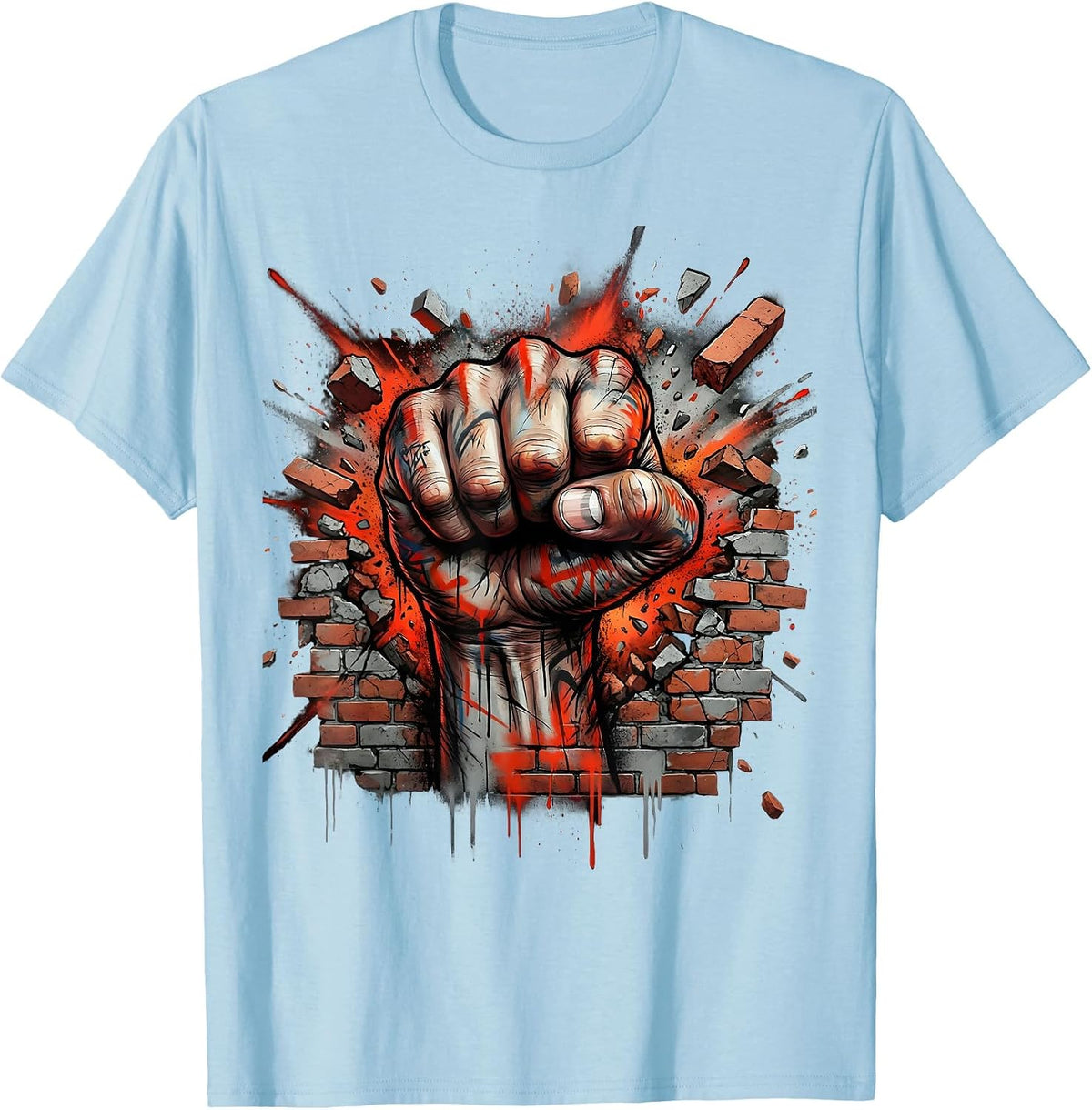 Punk Fist Smashing Through Brick Wall Graphic T-Shirt - Baby Blue