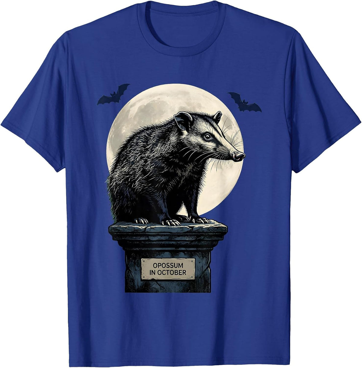 Opossum in October Vintage Gothic Halloween Spooky Moon T-Shirt - Royal Blue