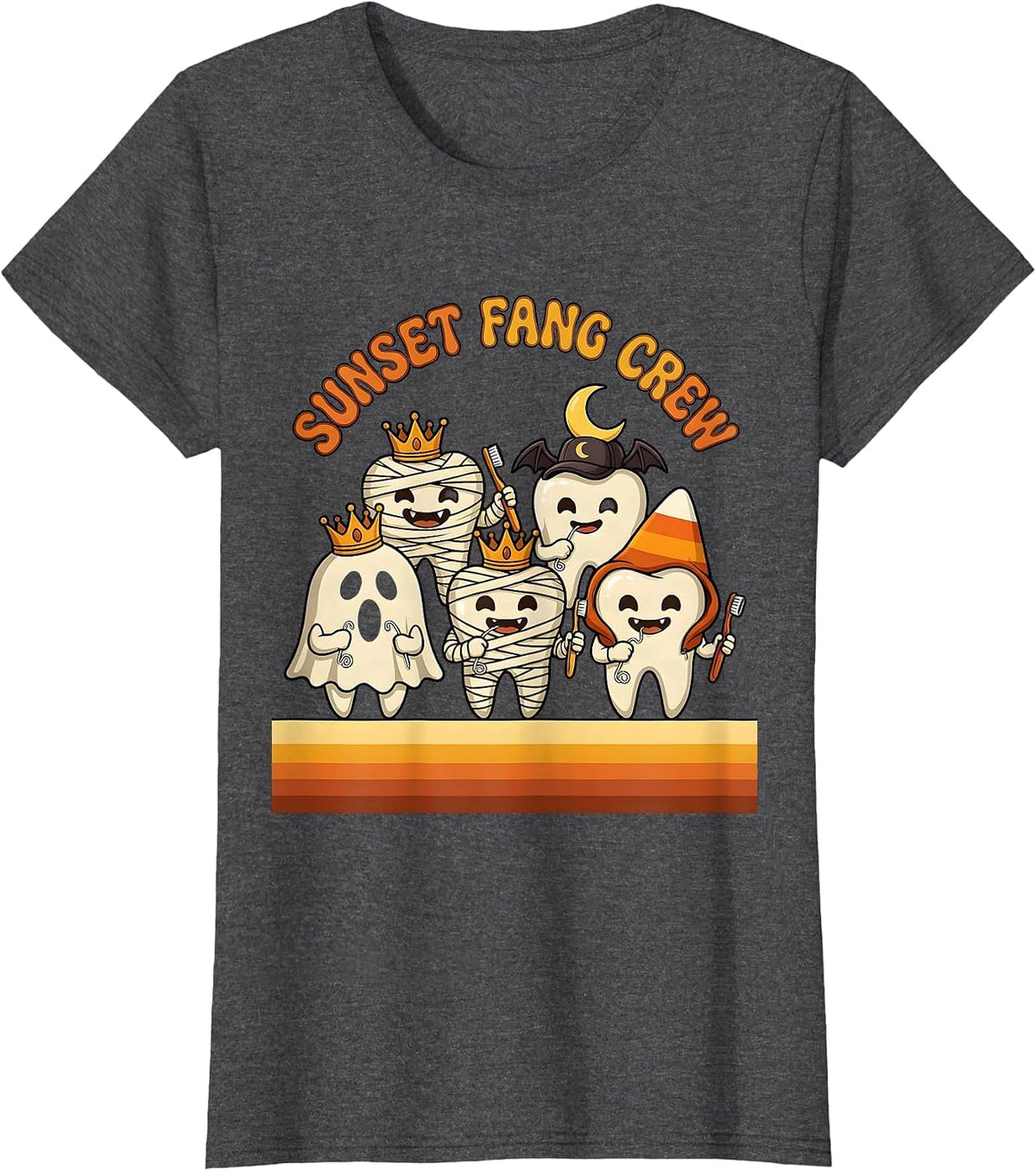 Women's Sunset Fang Crew Retro 70s Dental Halloween Costume Humor T-Shirt - Dark Heather Grey