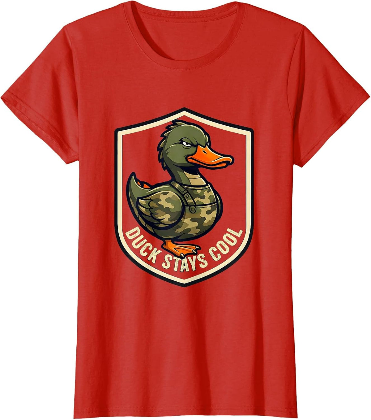 Duck Stays Cool Emblem Funny Hunting Camo Gift T-Shirt - Red
