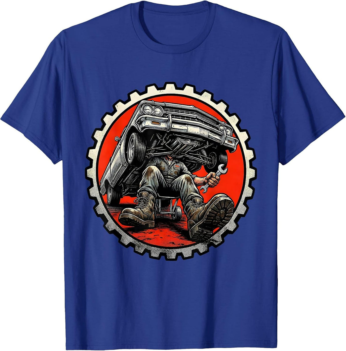 Mechanic Rolling Under Lowrider Graphic T-Shirt - Royal Blue