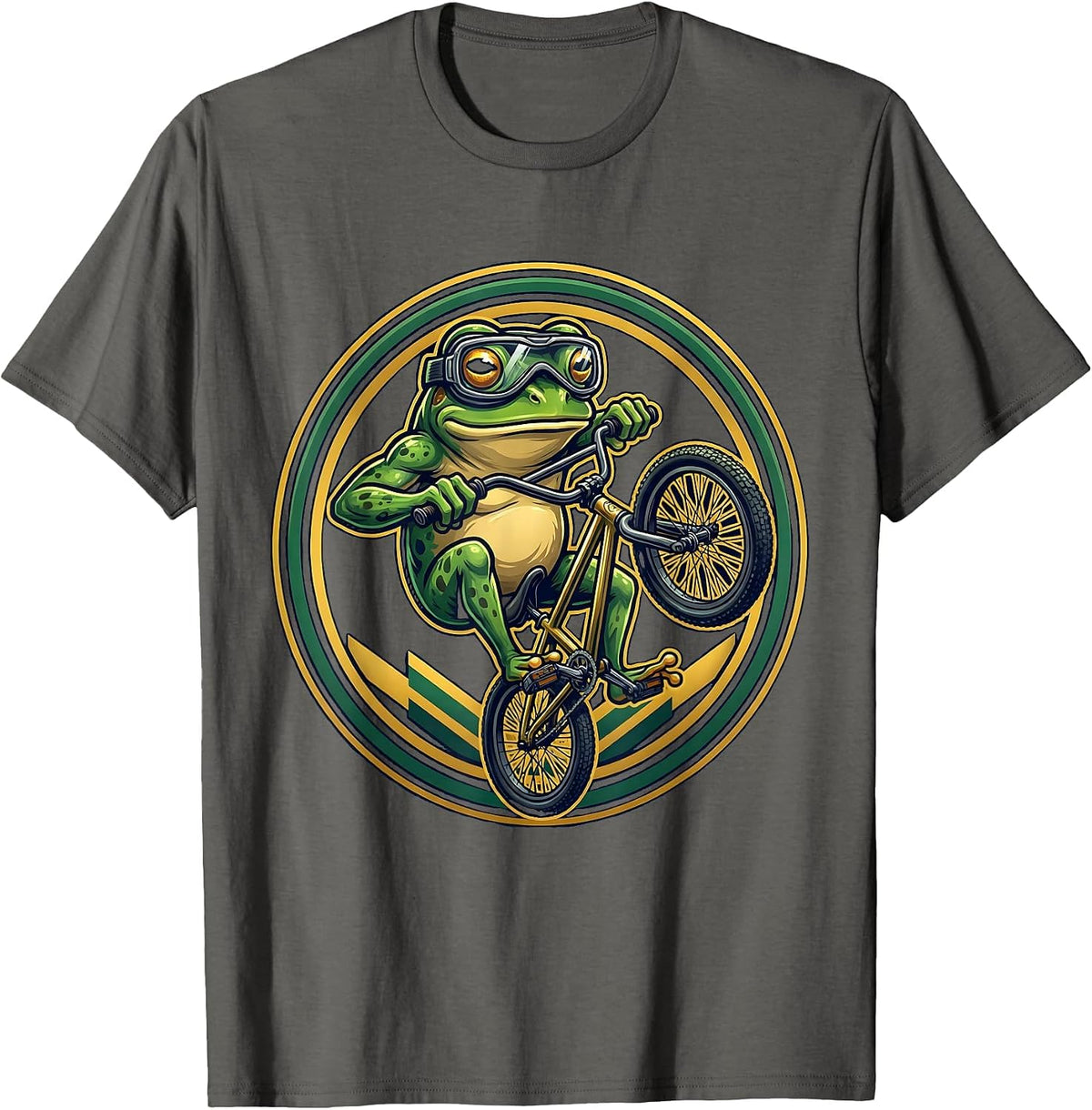 Frog On A Bike Wheelie Goggle Cycling Tee T-Shirt - Asphalt Grey