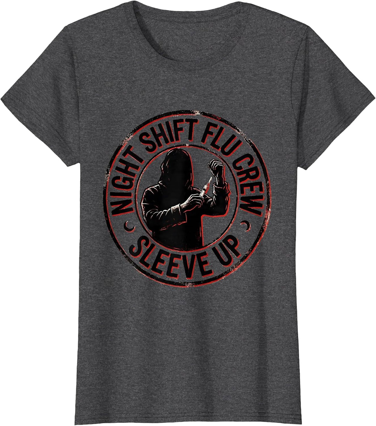Women's Night Shift Flu Crew Sleeve Up Funny Nurse Ghost Halloween T-Shirt - Dark Heather Grey