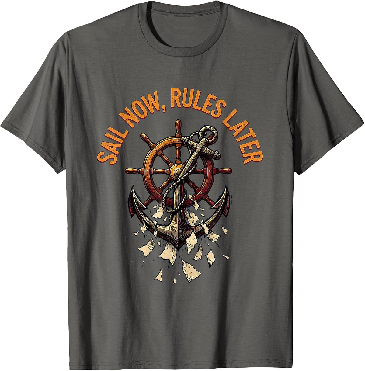 Sail Now Rules Later Pirate Adventure Design T-Shirt - Asphalt Grey