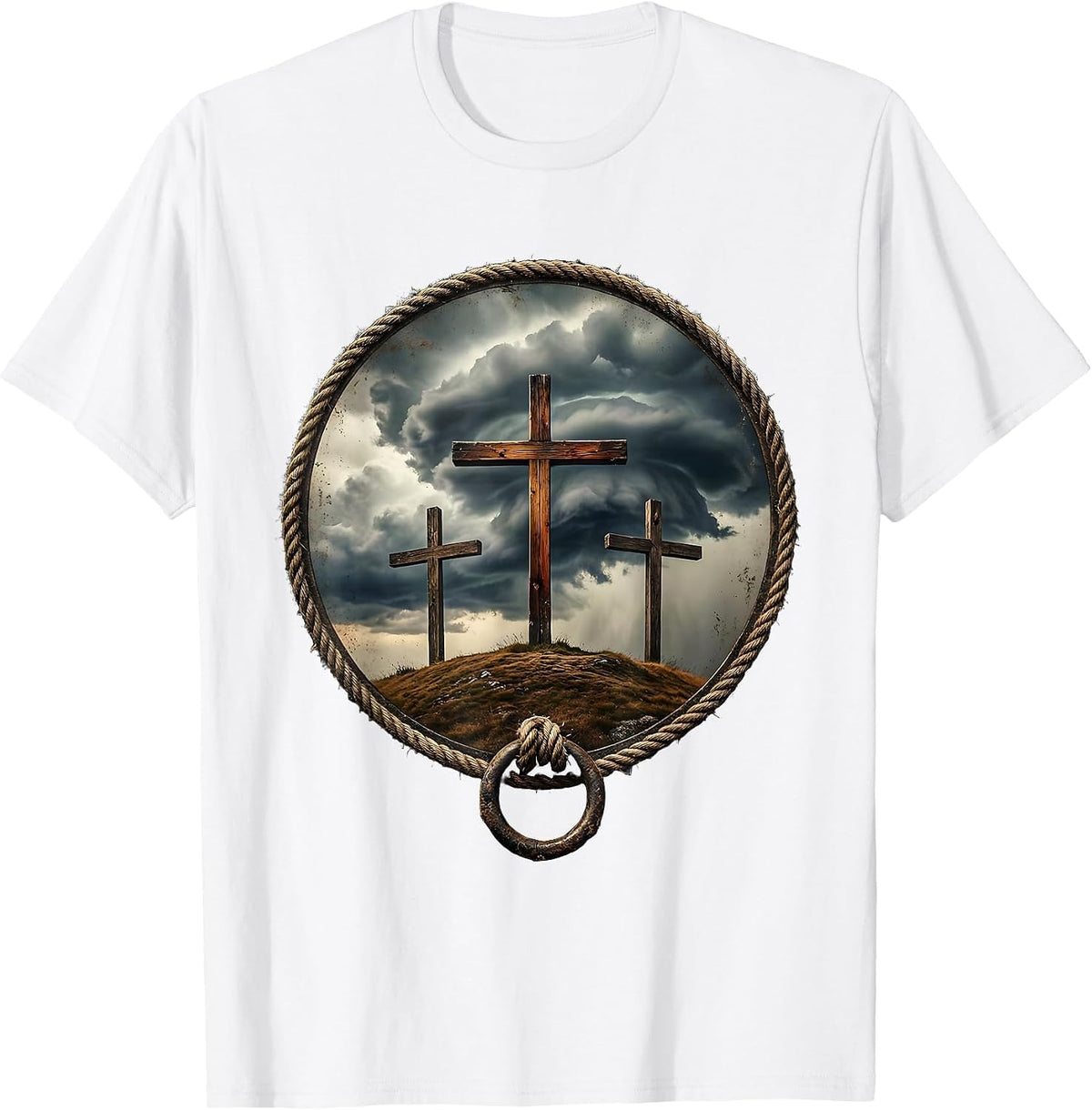 Men's Three Crosses on a Hill Under a Stormy Sky T-Shirt - White