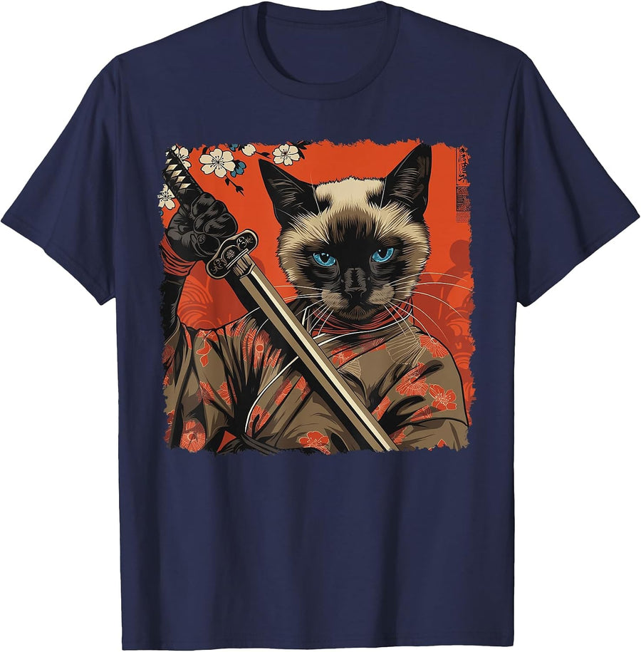 Siamese Cat Japanese Art Samurai Ukiyo-e Vintage T-Shirt - Navy Blue