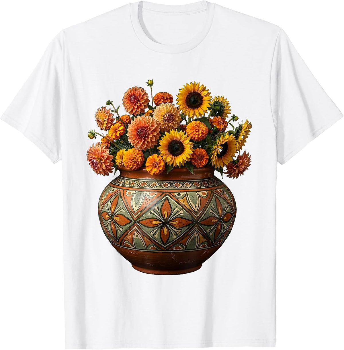 Mexican Hand-Painted Pottery Bowl with Flowers T-Shirt - White