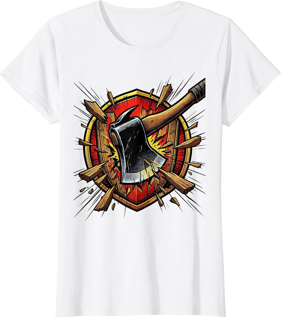 Women's Firefighter Axe Splitting Door Graphic Tee T-Shirt - White