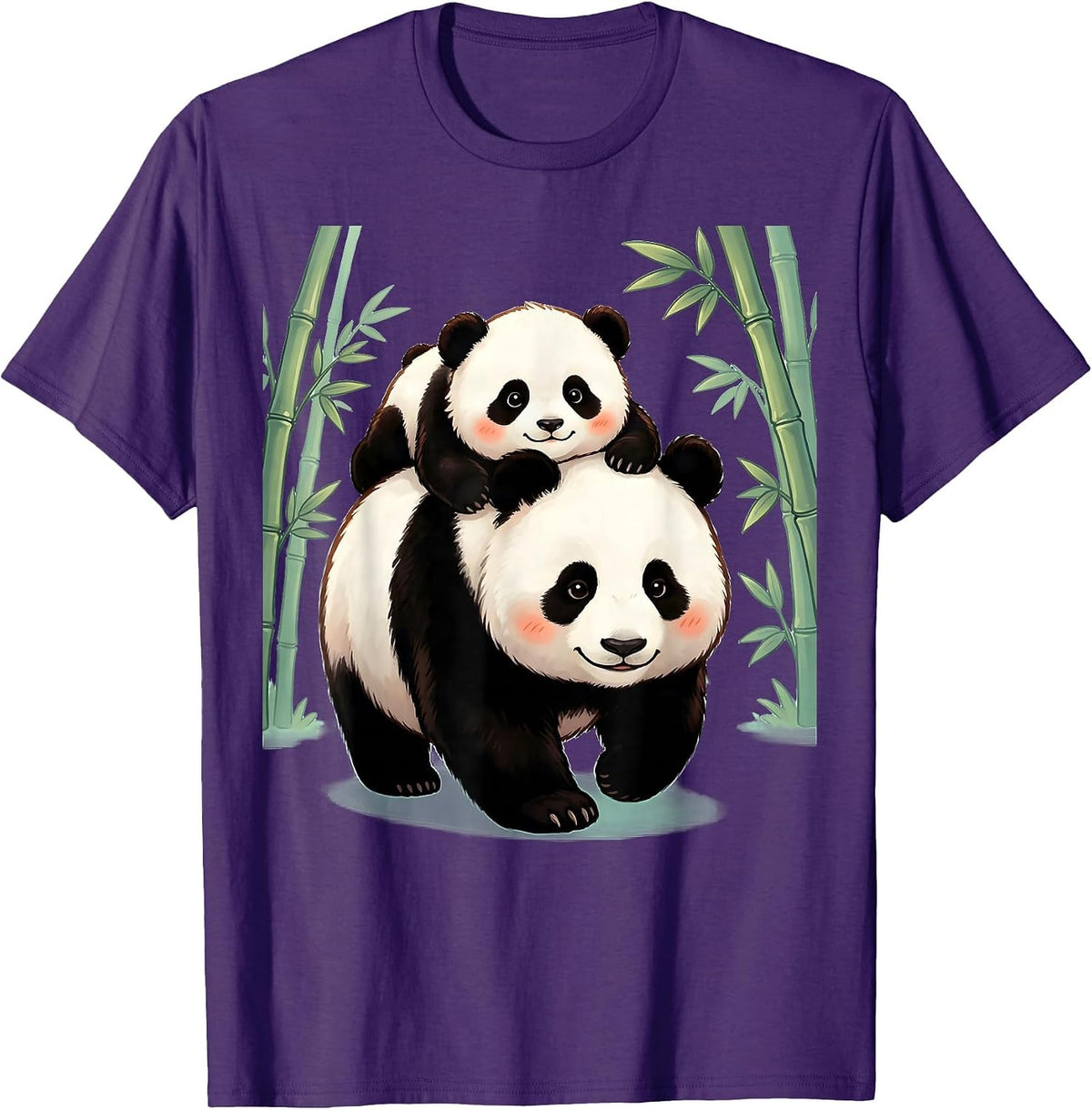 Men's Baby Panda Riding on Mother's Back Illustration T-Shirt - Purple