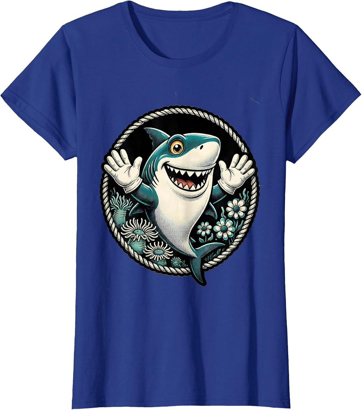 Women's Mommy Shark Floral Ocean Illustration T-Shirt - Royal Blue