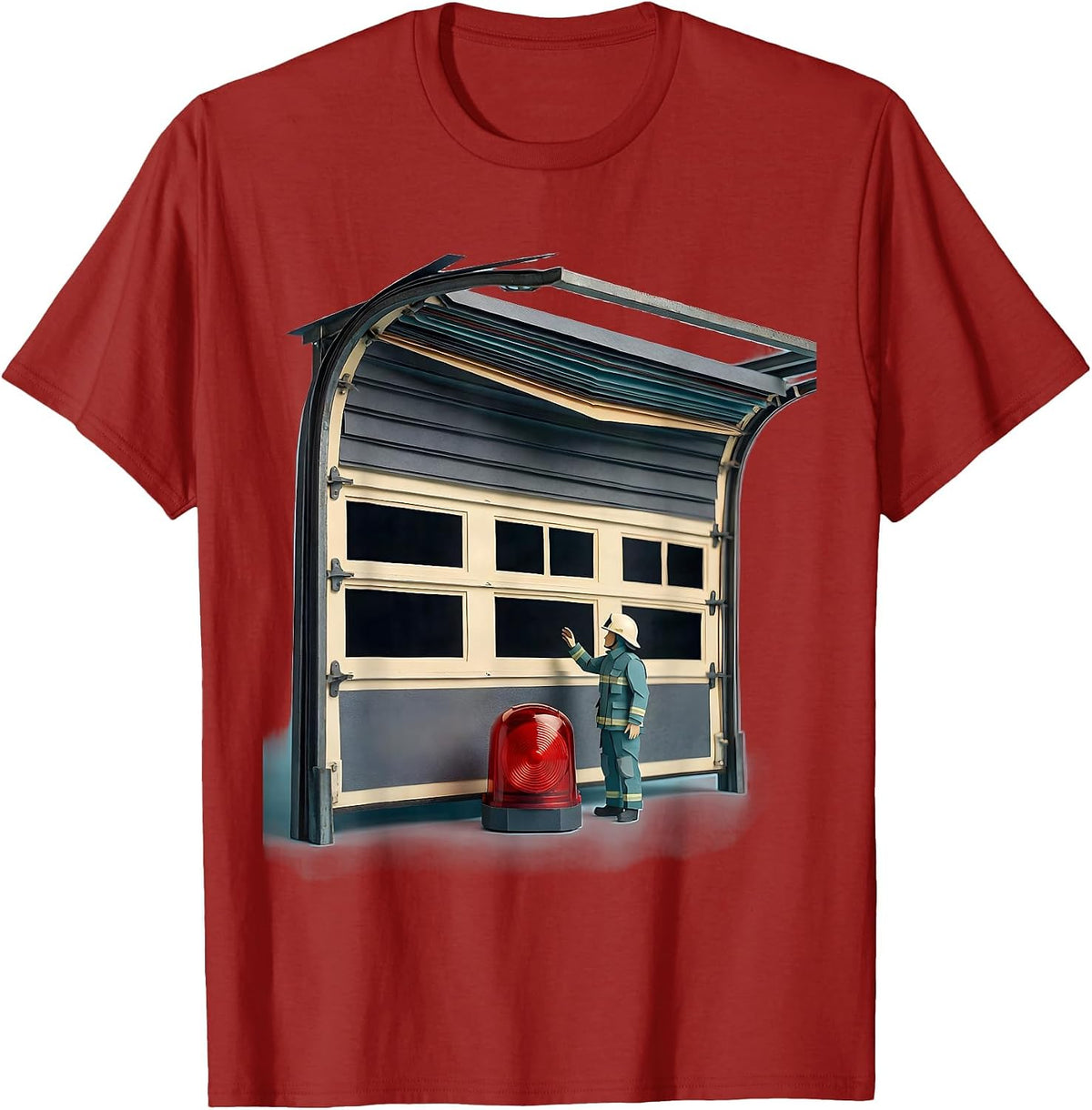 Men's Oversized Garage Door Firefighter Humor Novelty Gift T-Shirt - Cranberry Red