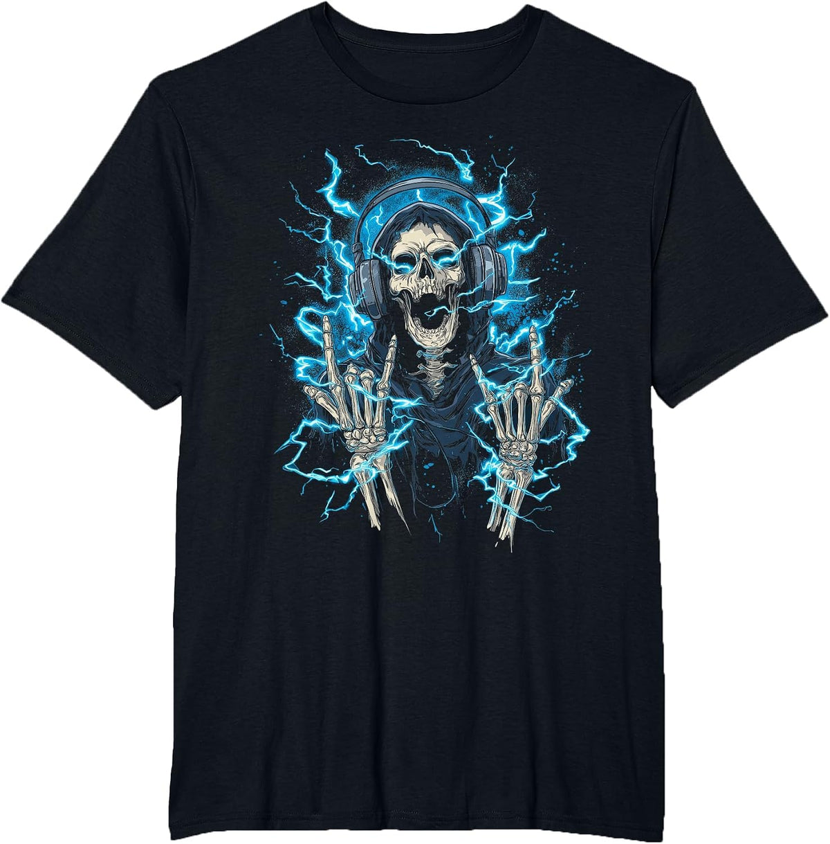 Y2k Gothic Emo Skull Electric Skeleton DJ Headphones T-Shirt - Black