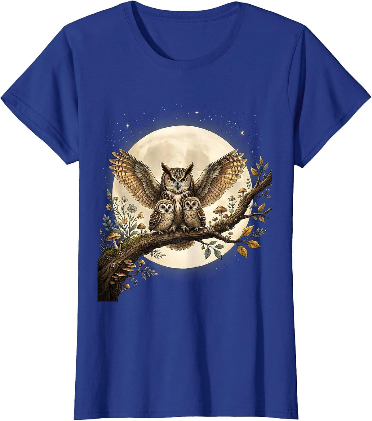 Women's Mother Owl and Owlets Full Moon Night Design T-Shirt - Royal Blue