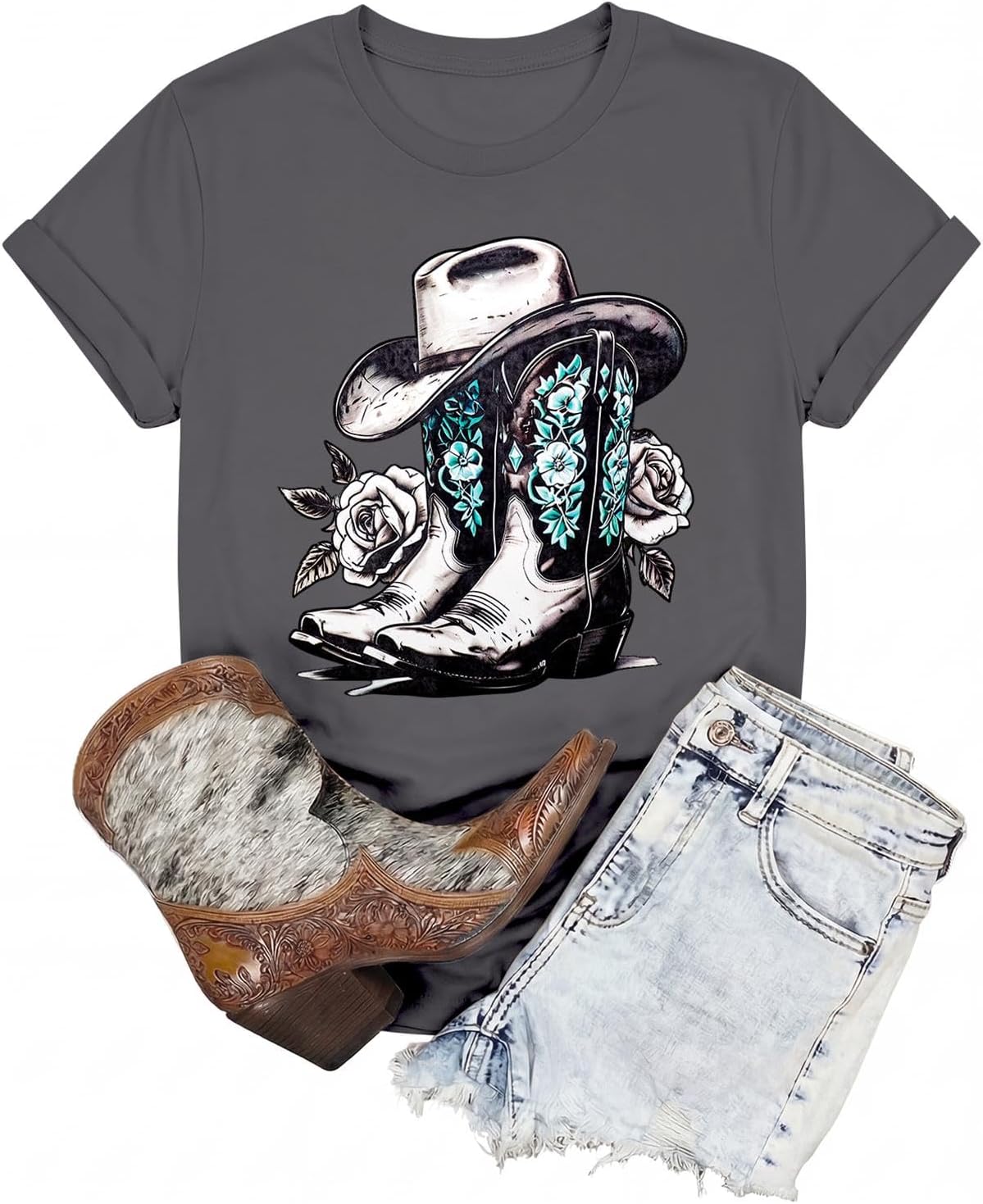Western Shirts for Women Cowgirl Shirts Country Tops Rodeo Graphic Tees - Dark Grey
