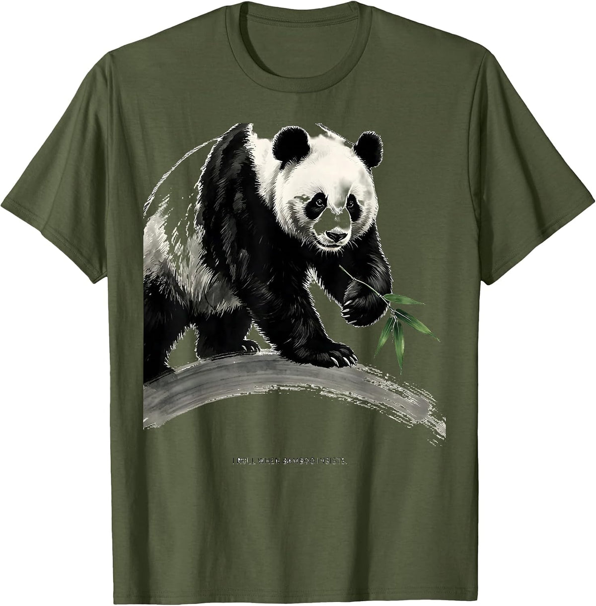 I Roll When Bamboo Insists Funny Panda Character Humor T-Shirt - Olive Green