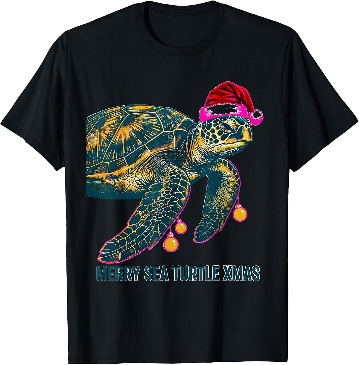Men's Merry Sea Turtle Xmas Risograph Whimsical Sea Turtle Lover T-Shirt - Black