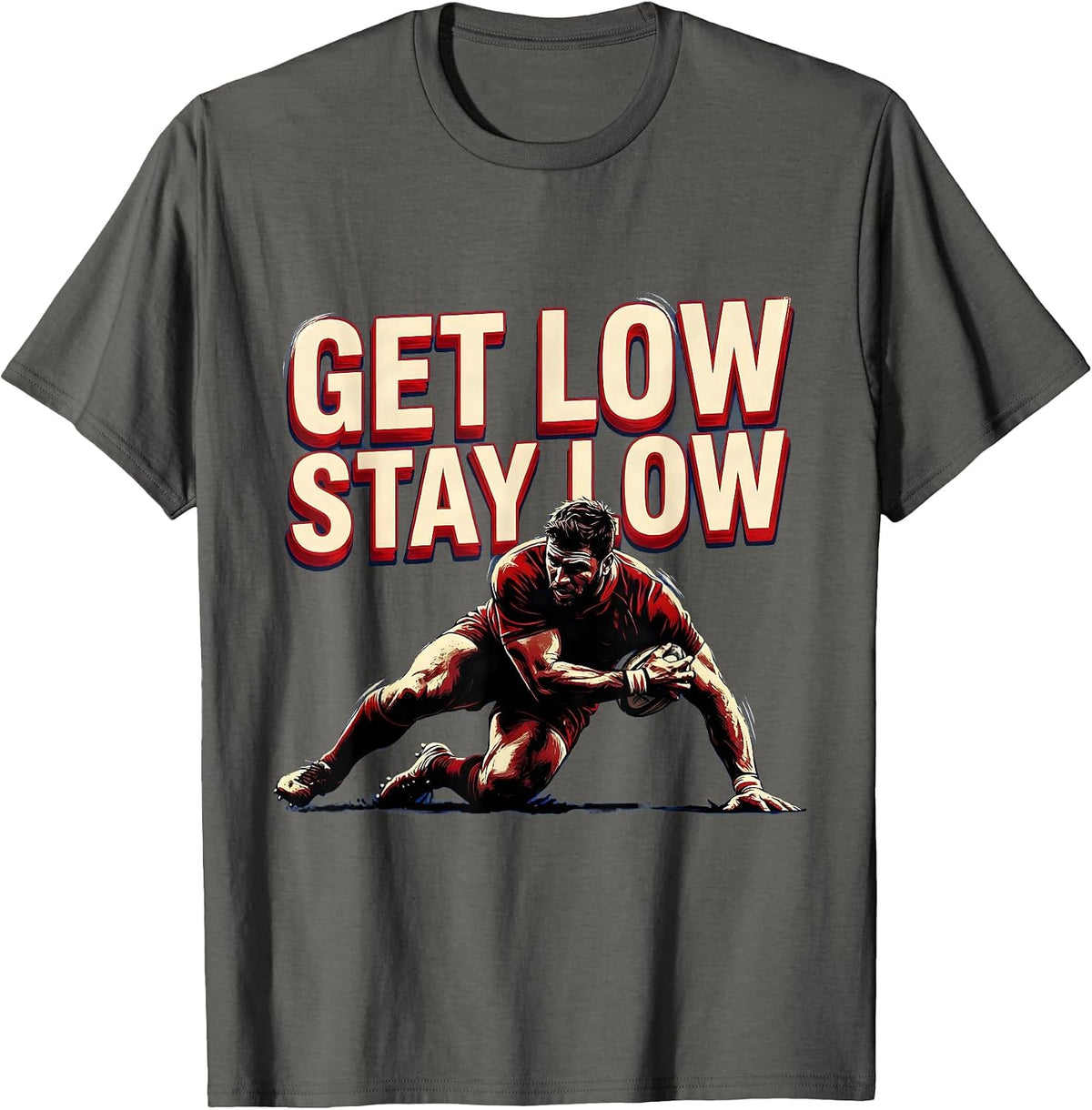 Men's Get Low Stay Low Rugby Scrum Design T-Shirt - Asphalt Grey