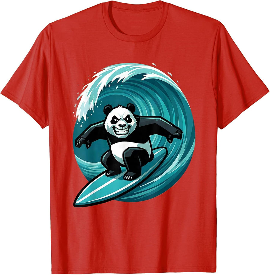 Men's Panda Surfer Riding Giant Ocean Wave T-Shirt - Red