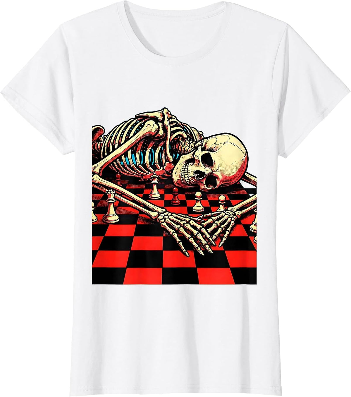 Skeleton Slumped Over Unfinished Chess Game T-Shirt - White