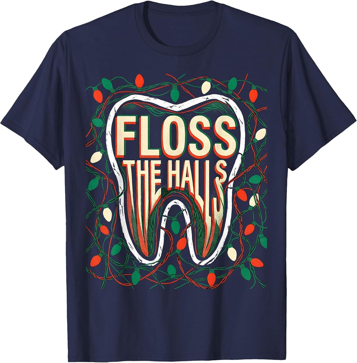 Men's Floss the Halls Risograph Funny Dentist Dental Hygienist T-Shirt - Navy Blue