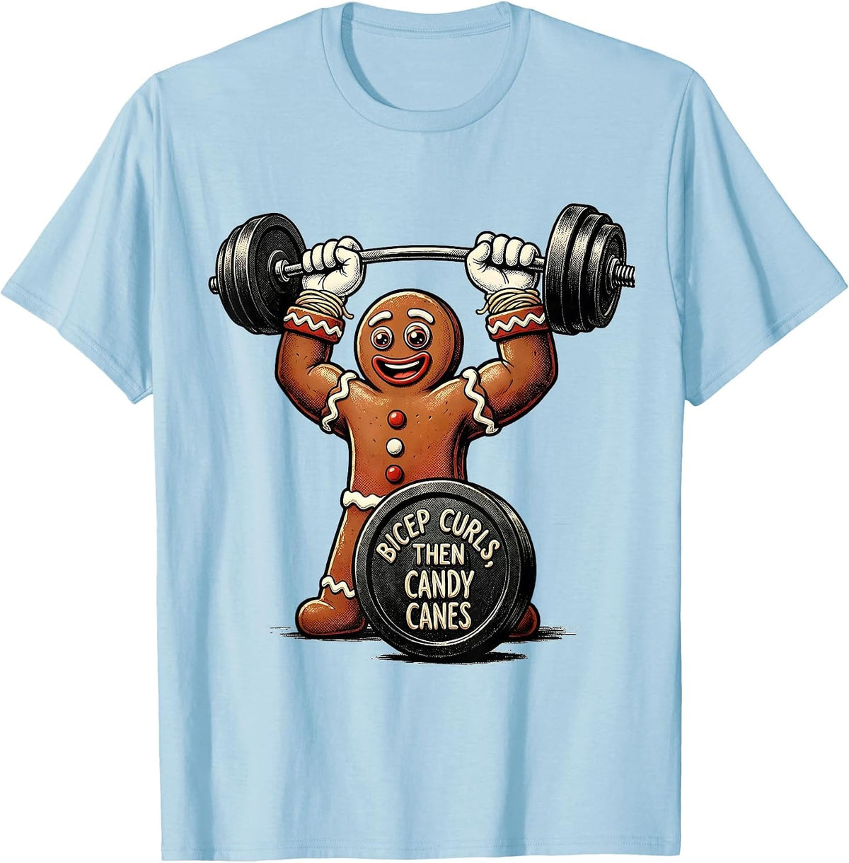 Men's Bicep Curls, Then Candy Canes Funny Gingerbread Man Gym T-Shirt - Baby Blue