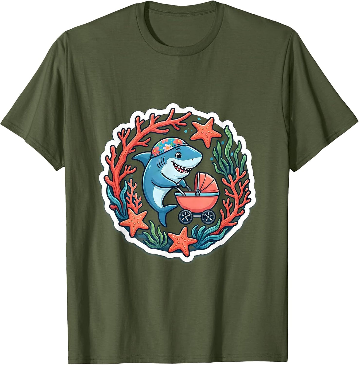 Mommy Shark Stroller Coral Reef Illustration T-Shirt - Olive Green