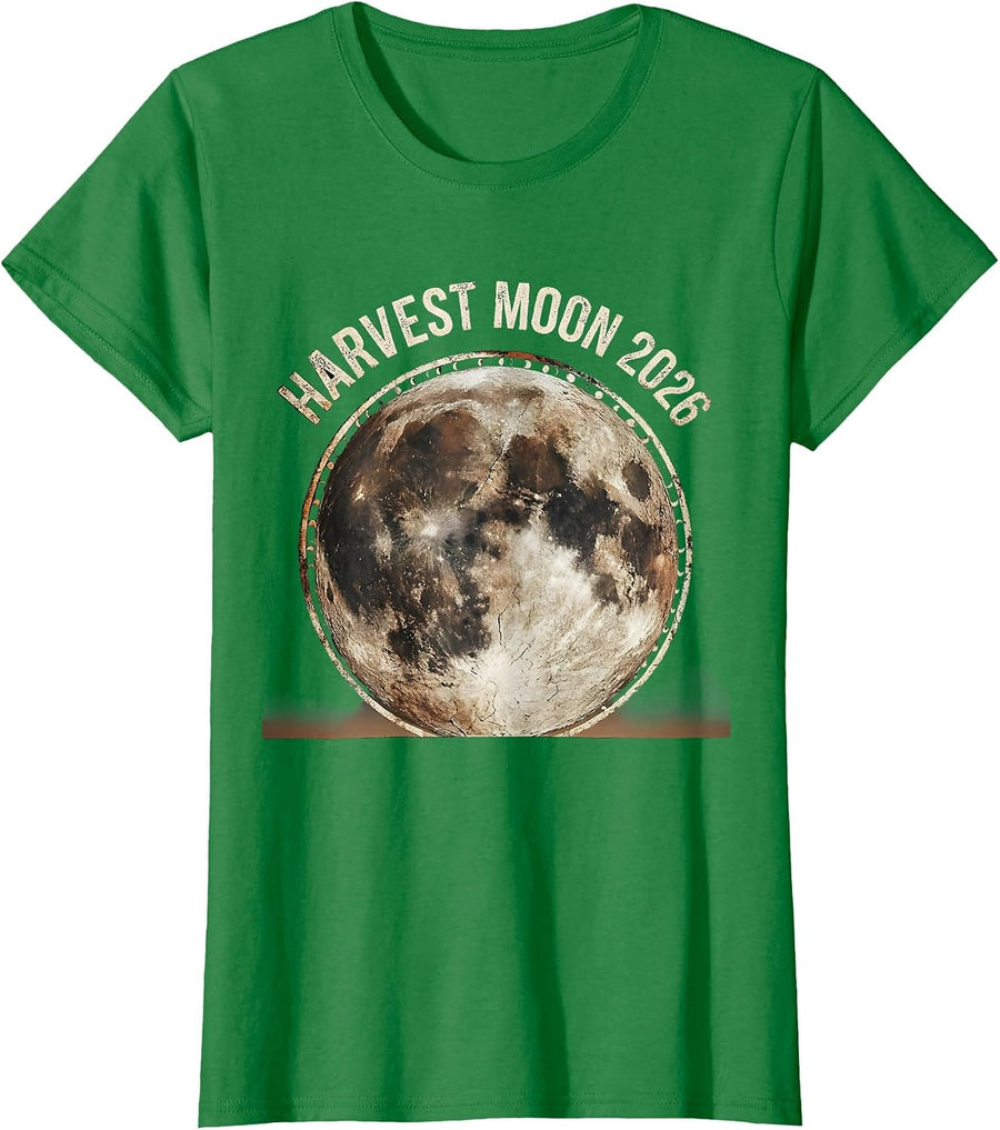 Women's Harvest Moon 2026 Distressed Astronomy Astrology Enthusiast T-Shirt - Kelly Green