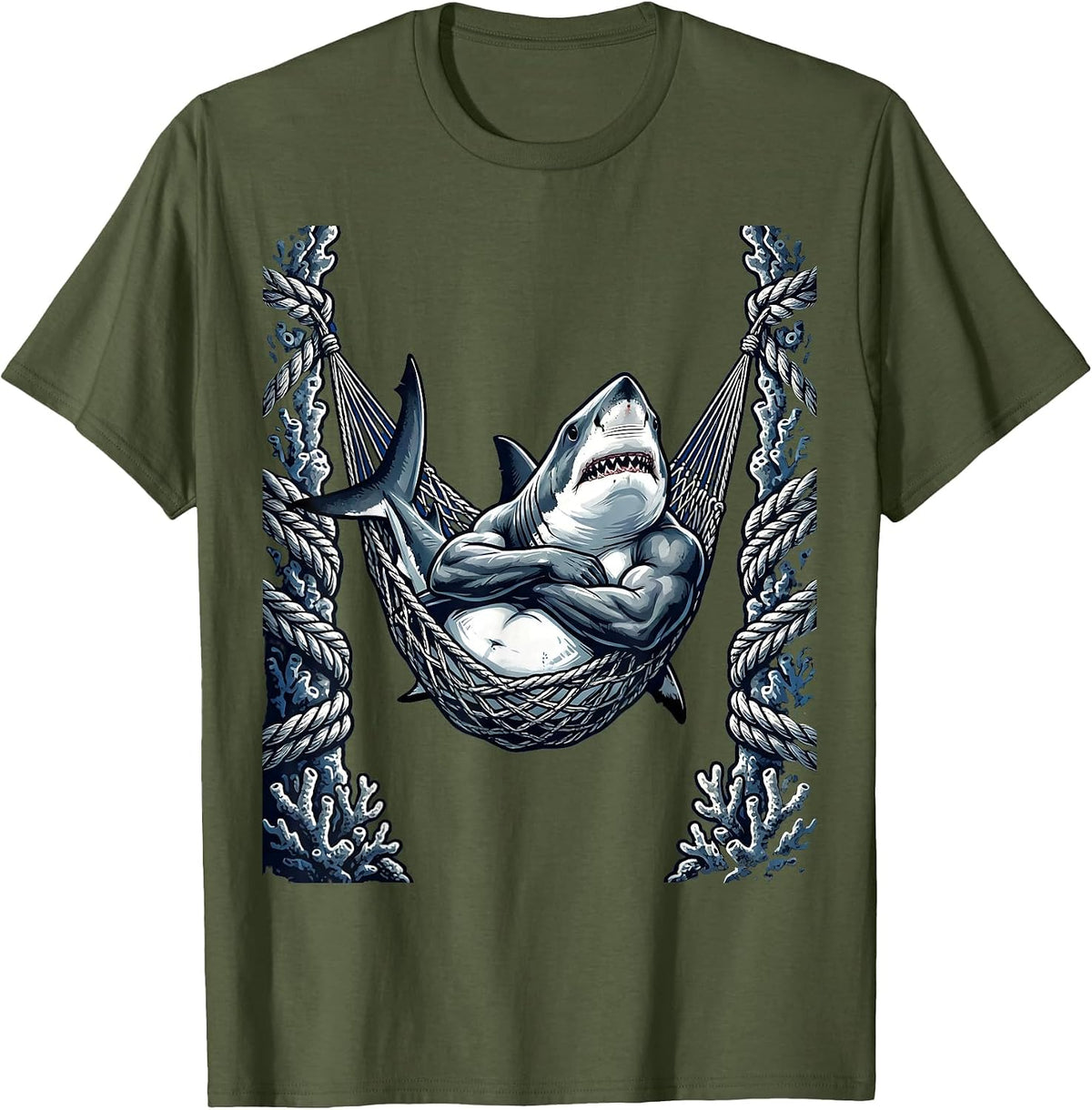 Daddy Shark Napping in Hammock Coral Design T-Shirt - Olive Green