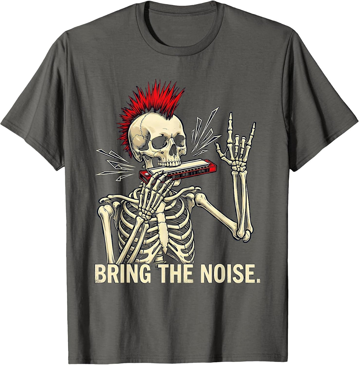 Men's Bring The Noise Punk Rock Skeleton Skull Halloween Music T-Shirt - Asphalt Grey